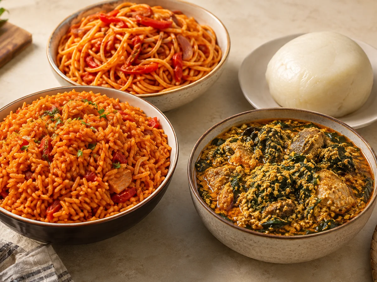 Representative food image: jollof rice, pasta, pounded yam and egusi soup