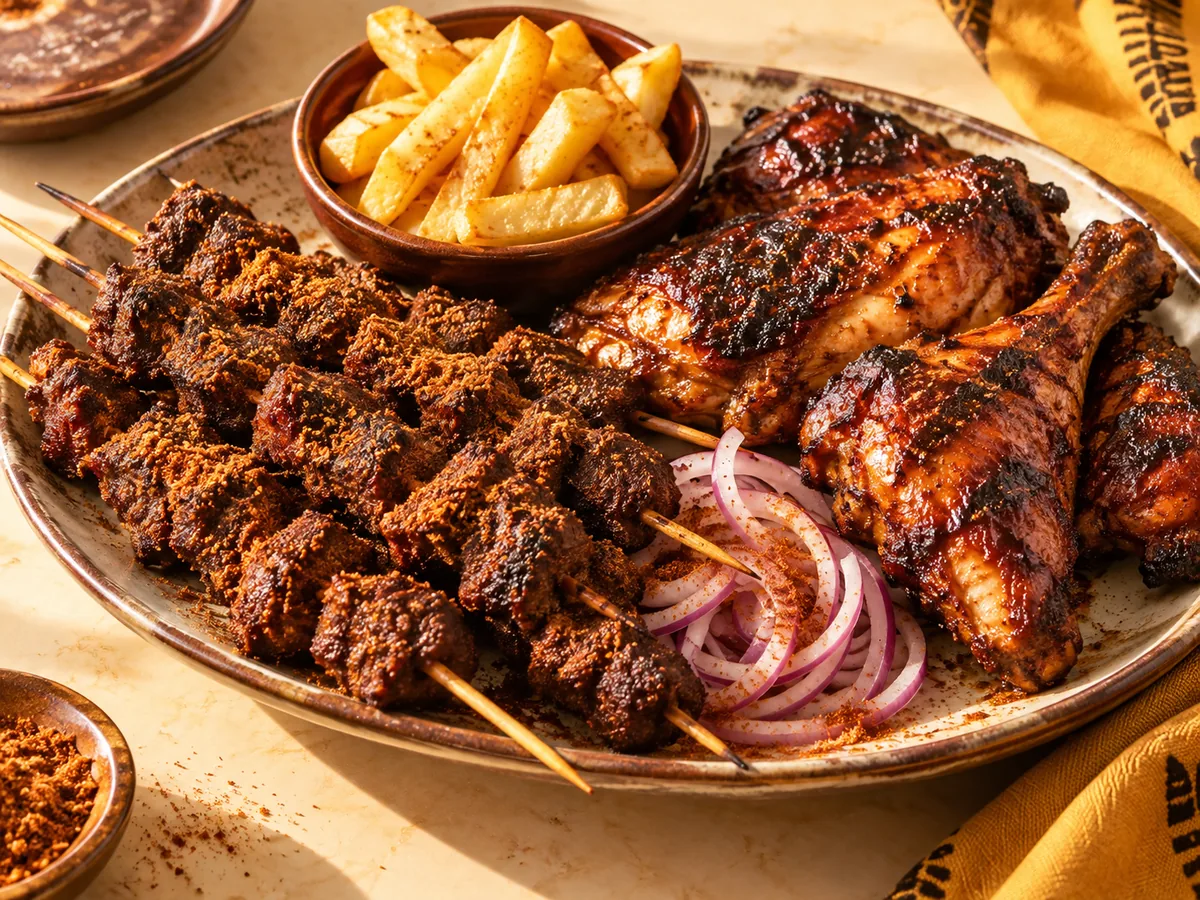 Representative category image: Barbecue, suya, asun, grilled chicken and chips served as a side