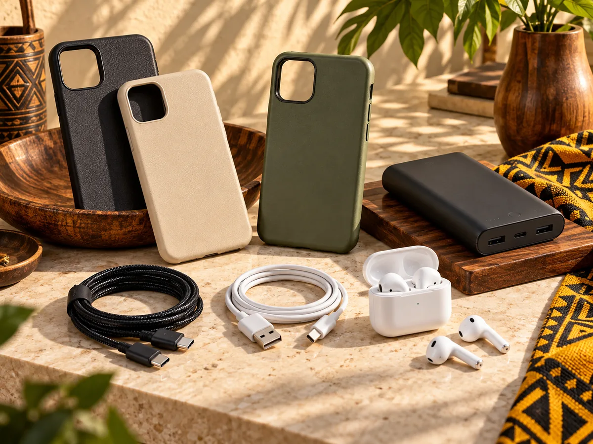 Phone cases, charging cables, a power bank and earphones