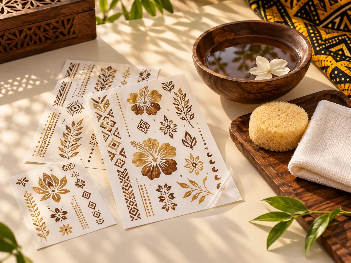 Temporary tattoo transfer designs with a sponge and water bowl