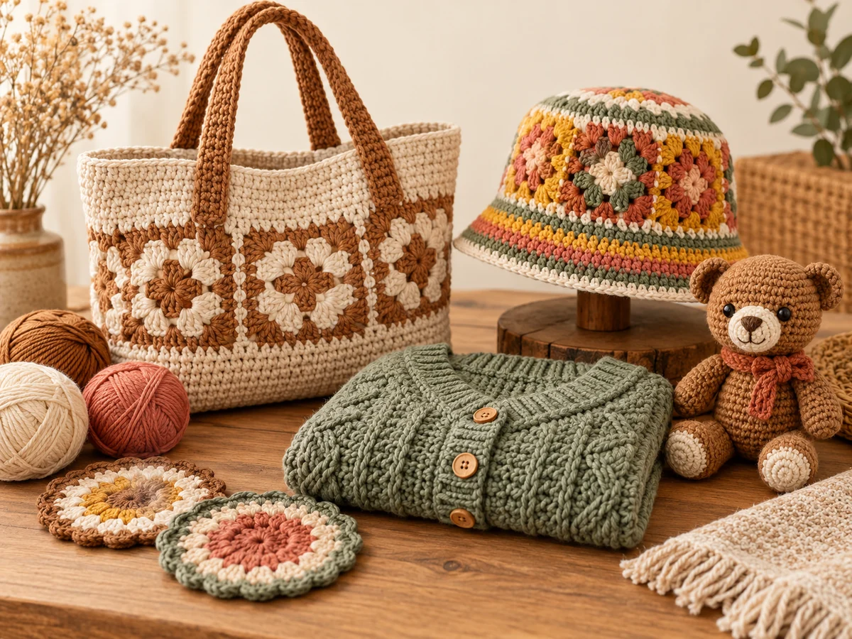 Representative category illustration: handmade crochet bag, bucket hat, knitted cardigan, soft toy and coasters
